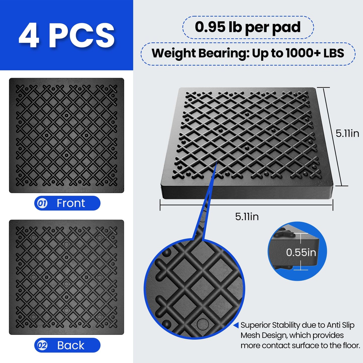 Exercise Equipment Mat 5.11x5.11x0.55in 4pcs, Heavy Duty Thick Steel Embedded Rubber Mat, Anti Slip/Noise Reduction/Vibration Resistance, Treadmills Equipment Pads, Used for Carpets, Wooden Floors