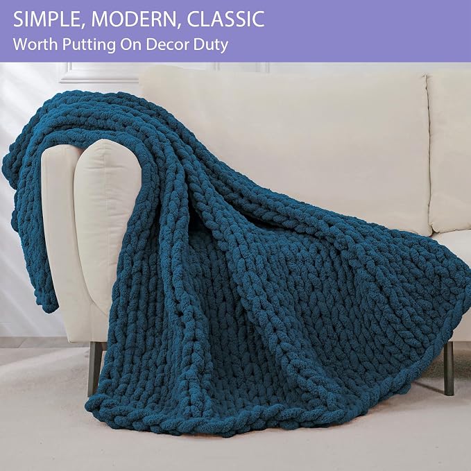 Bigacogo Chunky Knit Throw Blanket for Couch, 40x40 inches, 100% Hand Knitted with Thick Jumbo Chenille Yarn, Cozy Soft Large Rope Knot Cable Crochet Blankets for Sofa Bed Living Room, Deep Sea Blue