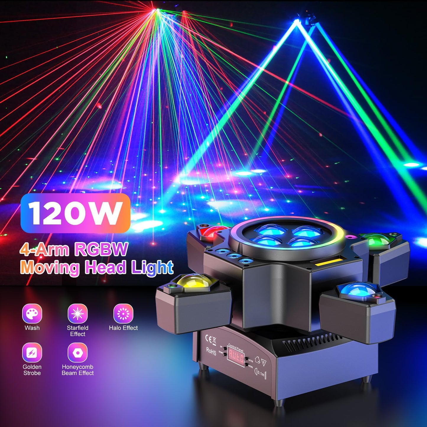 120W Stage Moving Head Light,4 Arms RGBW 4-in-1 Stage Lighting Beam/Wash/Red Green Starry Sky Golden Strobe RGB Halo Effect Light,Sound-Active/DMX/Remote Control for Party Club Stage Show