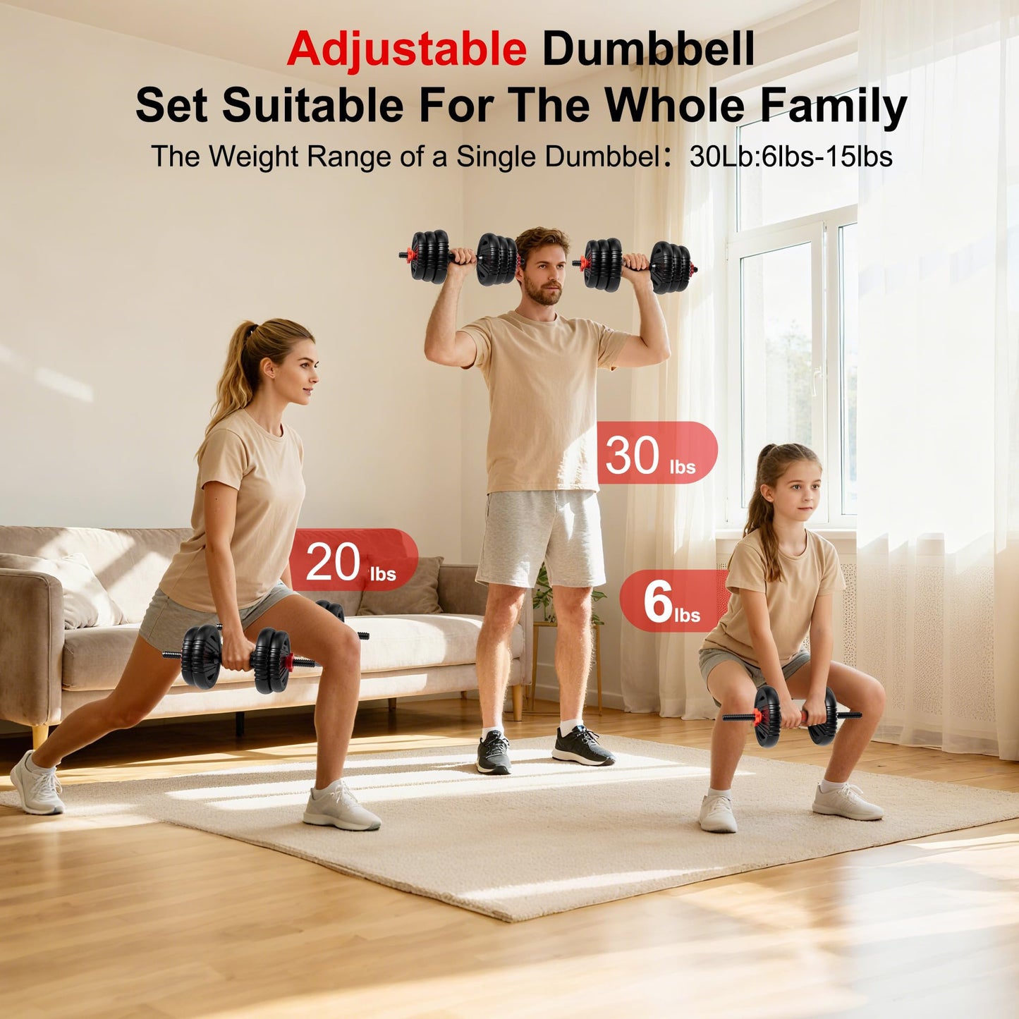 SCEPKN Adjustable Dumbbell Set, 10/20/30/45/70/90lbs Free Weight Set with Connector, 5 in1 Dumbbells Set Used as Barbell, Kettlebells, Push up Stand,Weight Plate, Fitness Exercises for Home Gym Suitable Men/Women