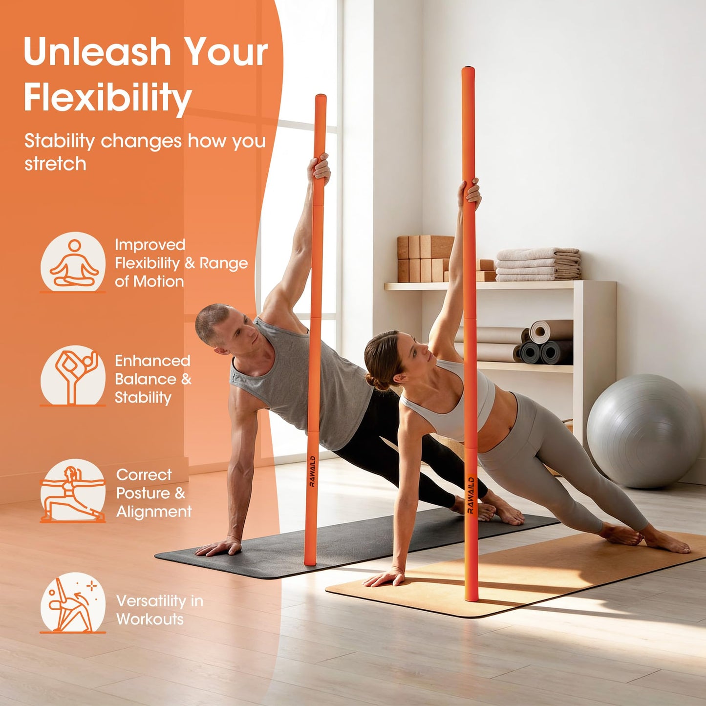 RAWAILD Yoga Stick, Upgraded 5ft Sturdy Steel Mobility Stick, Adjustable Exercise Equipment for Stretching, Flexibility & Balance, Physical Therapy & Posture Correction, Shoulder & Back Relaxation