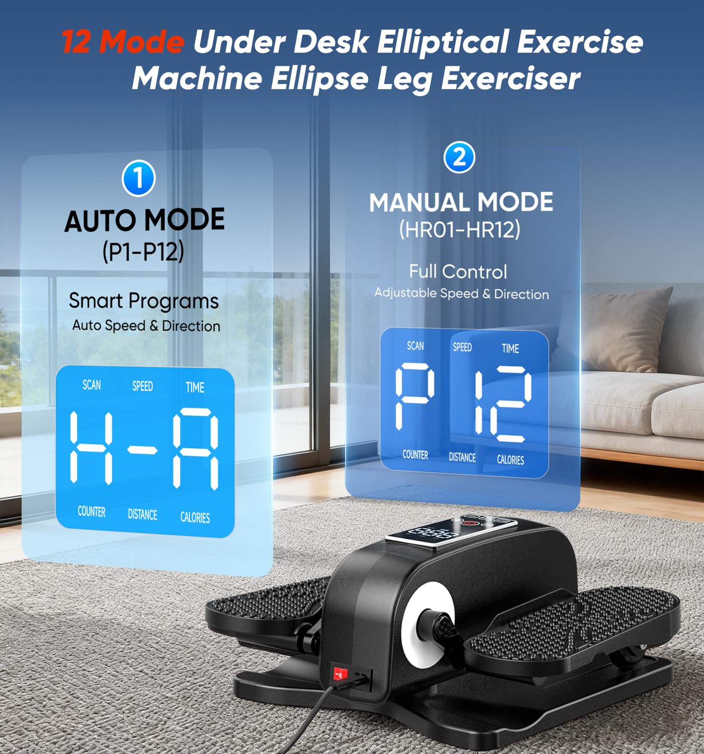 HOMGIM Under Desk Elliptical Machine - Quiet Motorized Leg Exerciser with Smart Remote, 12-Speed Manual Programs Auto/3 Auto Programs LCD Display & Bidirectional Motion for Home/Office (Blackish Gray)