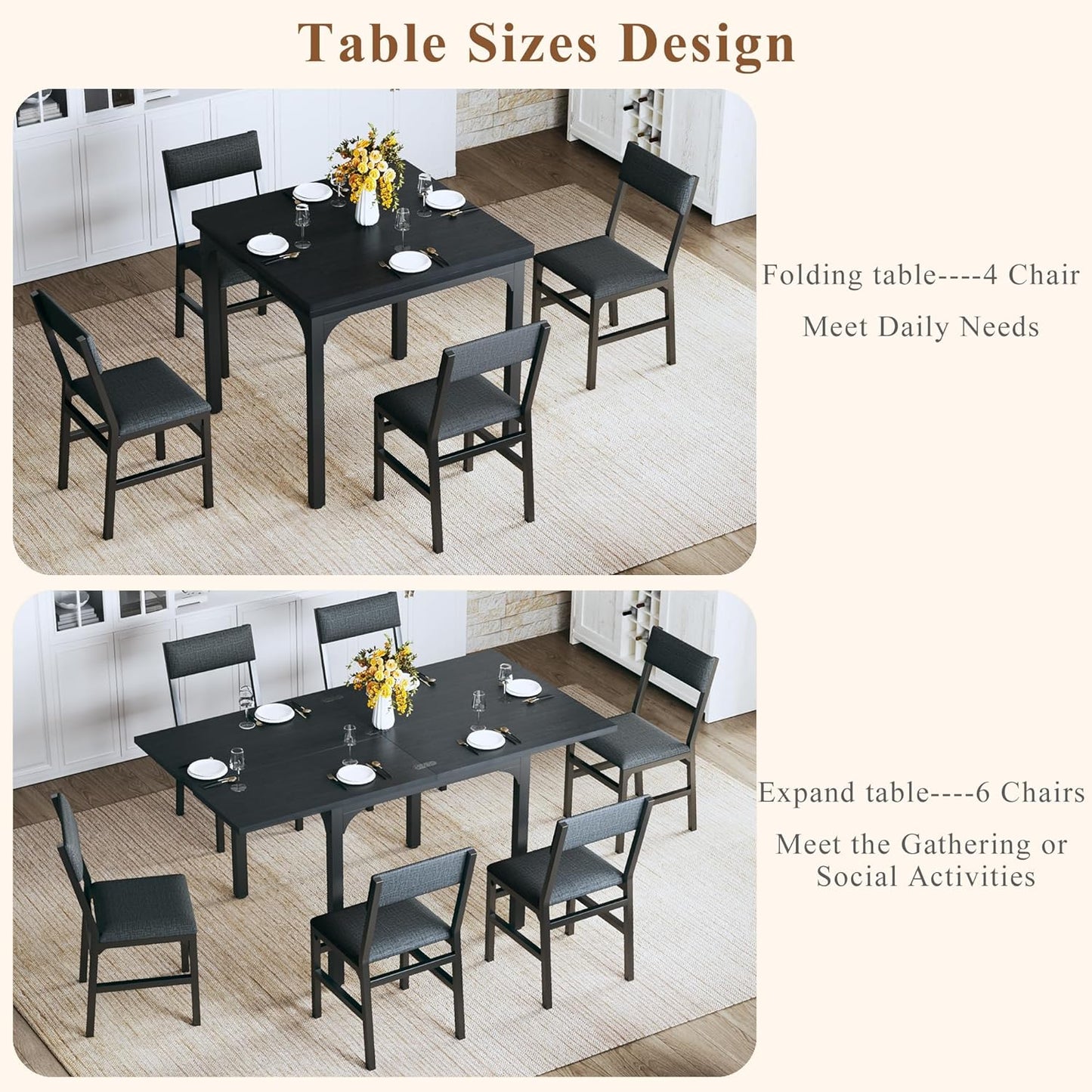 Regine Switzerland 7-Piece Dining Table Set - Extendable Kitchen Table with 6 Cushioned Chairs | Space-Saving Black Design