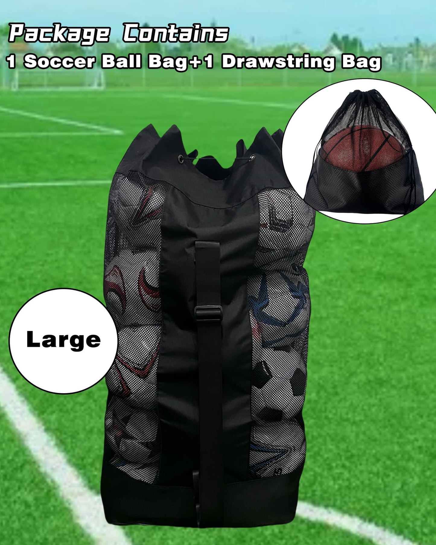 VIPOKO 1/2pcs Soccer Ball Bag,Adjustable Shoulder Strap Extra Large and 1pcs Drawstring Mesh Ball Bag,Heavy Duty Soccer Ball Bags for Coaches,Mesh Equipment Bag for Basketball,Football, Volleyball