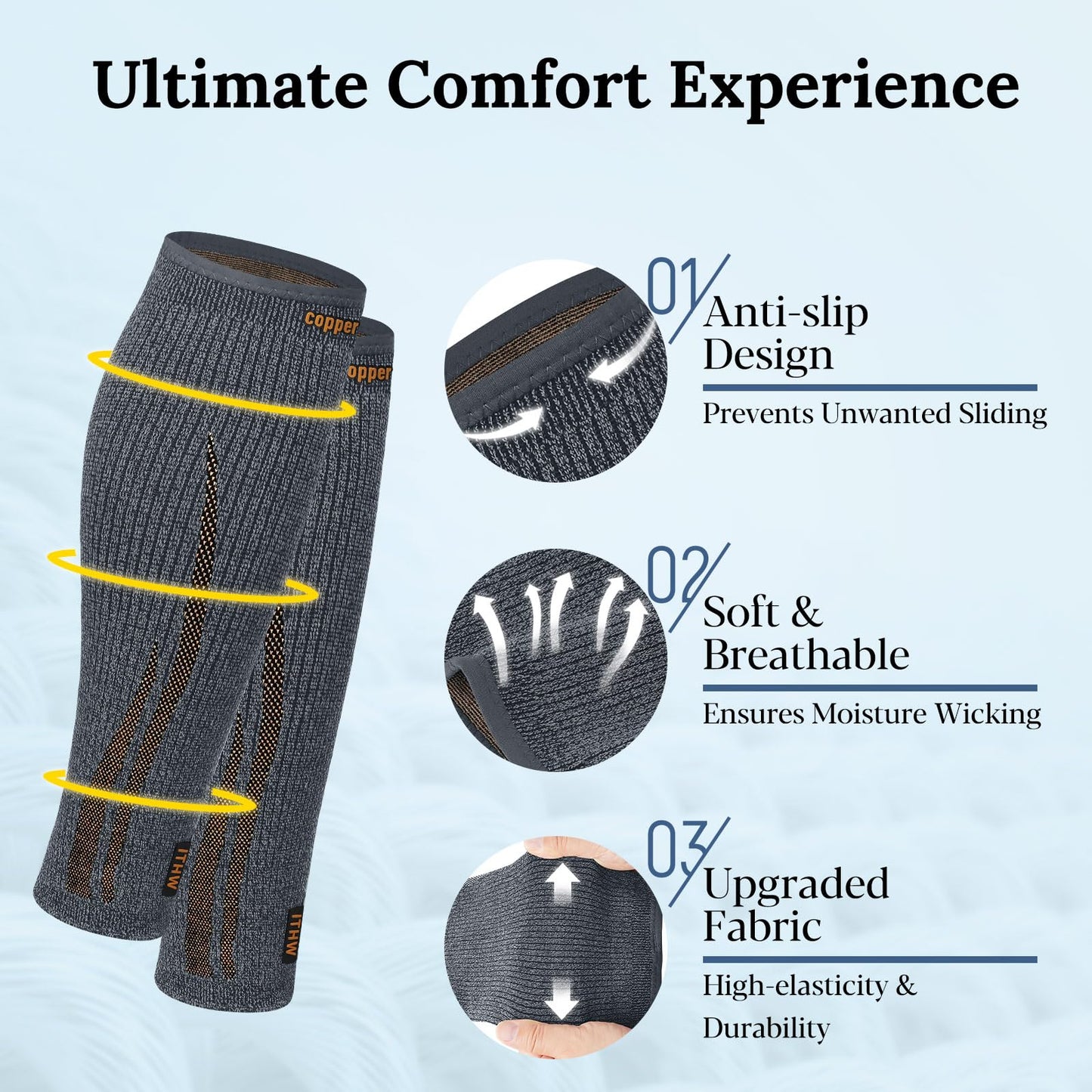 ITHW Copper Calf Compression Sleeve for Men & Women, Leg Compression Sleeve for Shin Splint Relief, Leg Sleeves for Varicose Veins, Calf Tear, Nursing (1 Pair, Medium)