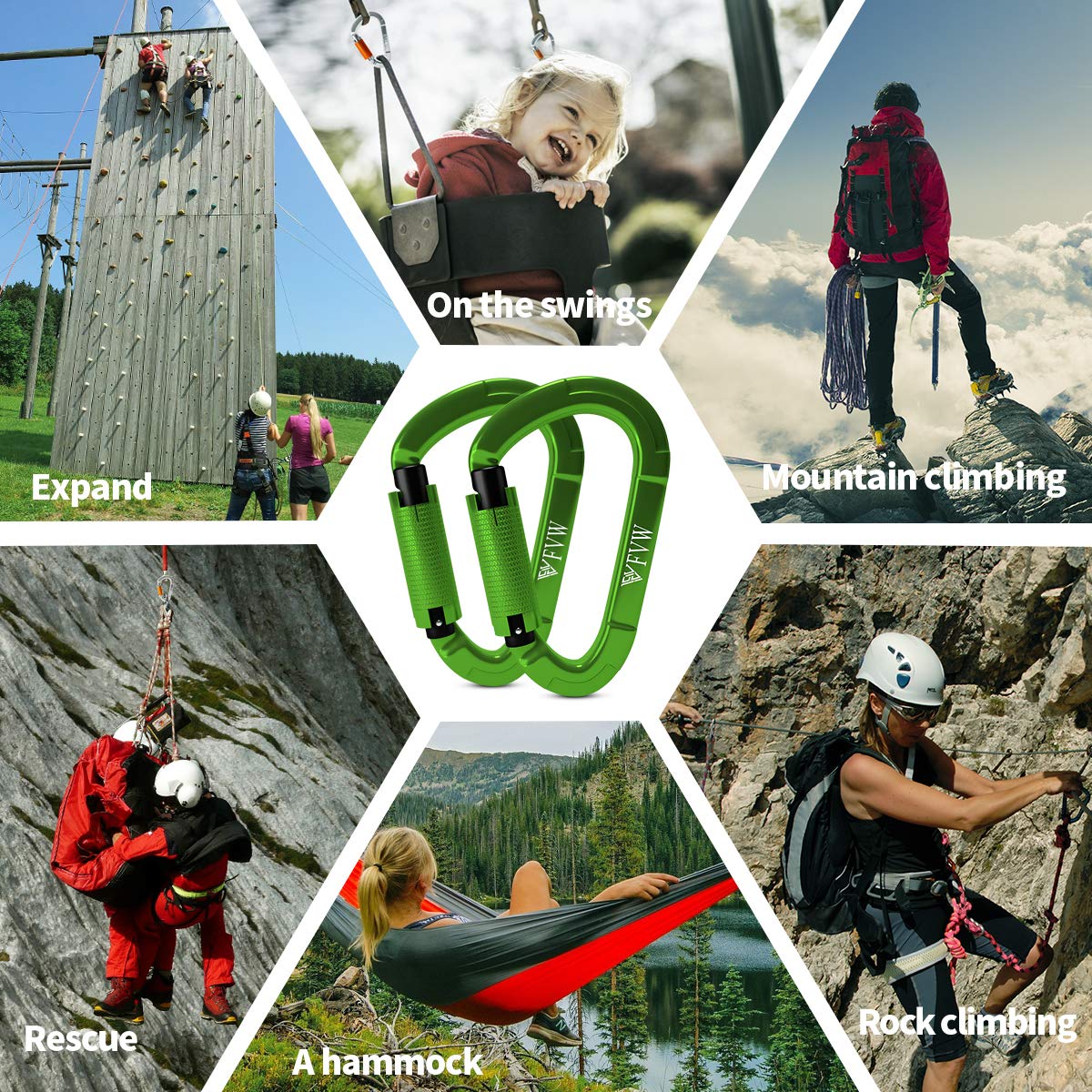 FVW 3 Pack Heavy Duty Climbing Carabiners,25KN UIAA Certified Auto Locking Rock Climbing Carabiners Clips for Hammocks, Swing, Locking Dog Leash and Harness, Camping, Hiking & Utility (Green)