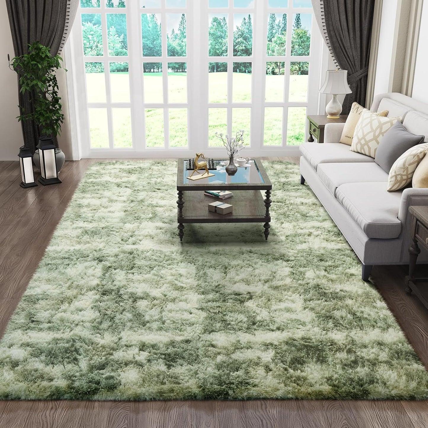Ophanie Area Rugs - Fluffy Green and White Shag Carpet for Living Room | 6x9 Soft Plush Design