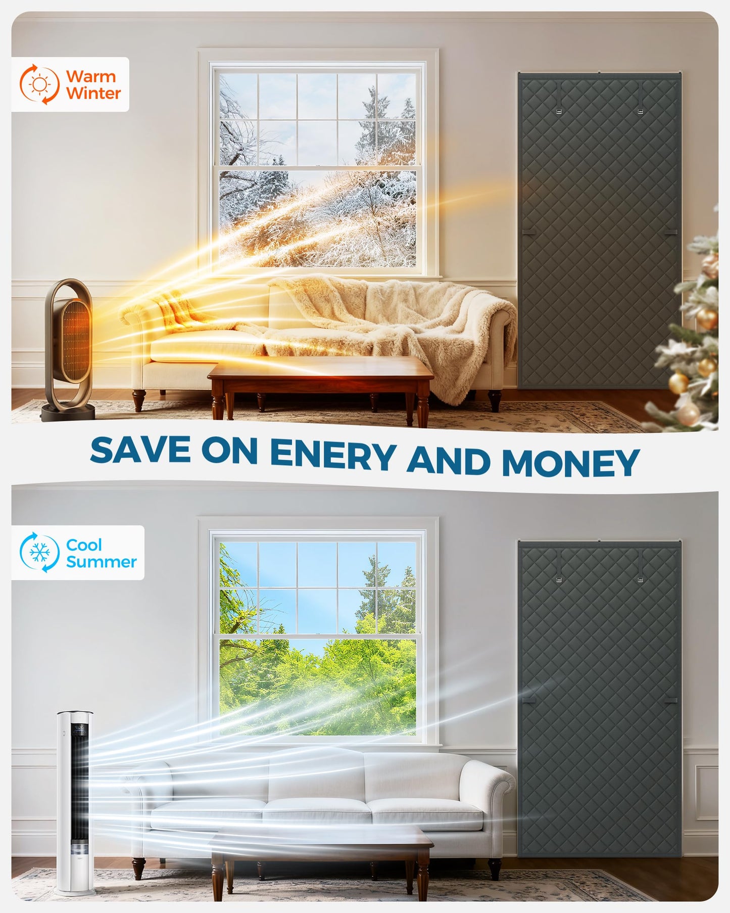 Augblinds Thermal Insulated Door Curtain Fits Door Size 36 x 80 Inch, Oxford Cloth Thicken Cotton Filled, Curtain Size 39" x 82", Single Piece Door Insulation Blanket Cover for Cold in Winter, Grey