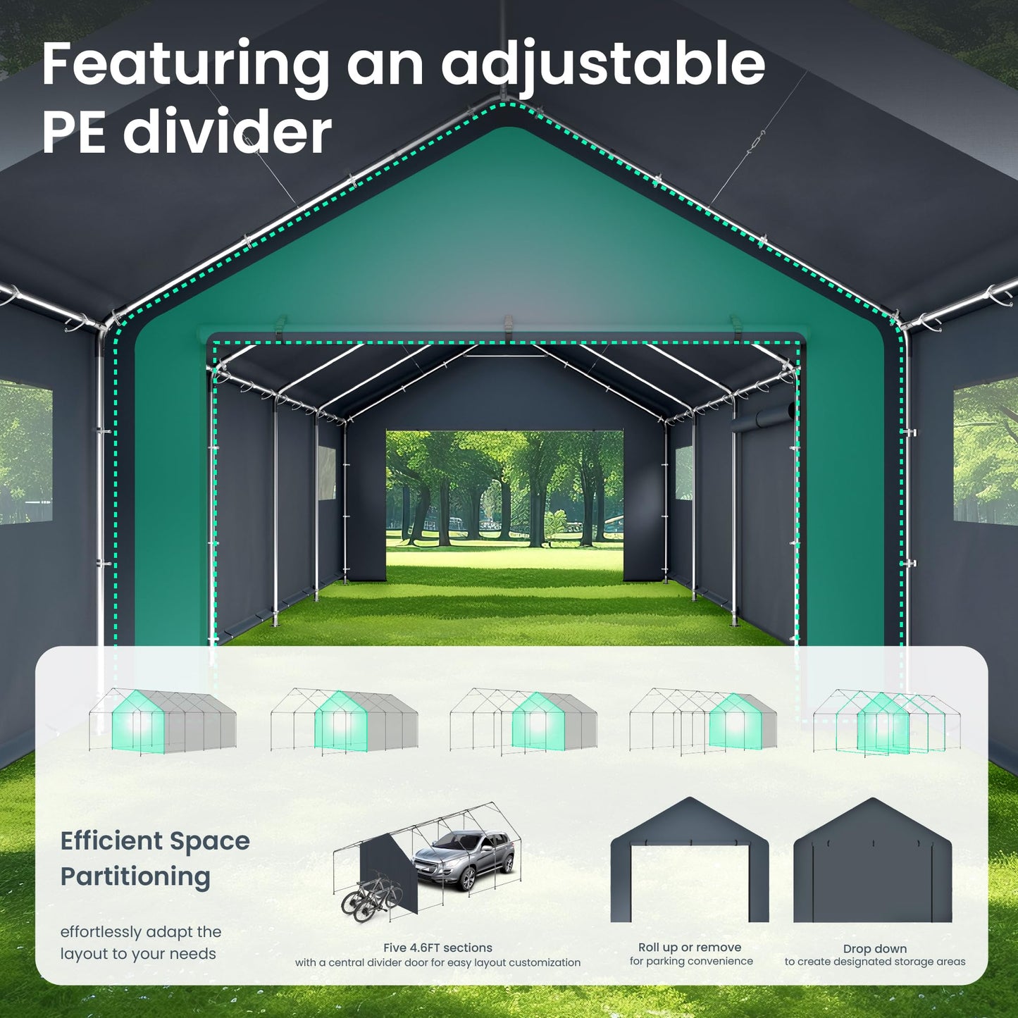 PHI VILLA Portable Garage Carport,13x24ft Car Tent Shed Carports canopy Outside Storage Tents Shelter, Heavy Duty Garages Shelters Waterproof UV Resistant with Rollup Zipper Doors for Cars,Boats,Tools