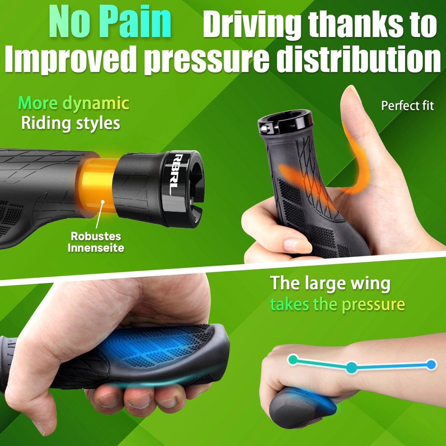 RBRL Bike Grips, Ergonomic, Non-Slip Rubber Handlebar Grips with Aluminium Alloy Lock-On Design, 3-Zone Comfort Bicycle Grips for MTB, E-Bike, BMX & Trekking Bikes