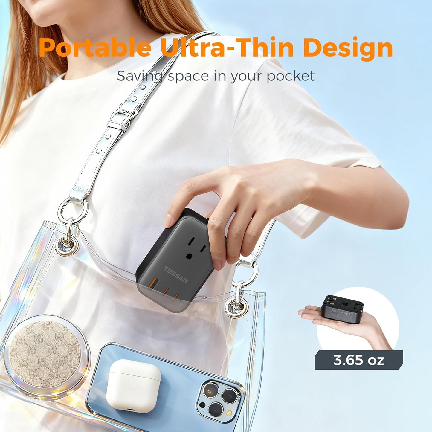 20W, 2 1 1 Pack TESSAN Travel Adapter PD Universal Power Adapter USB C USB A, Ultra Thin International Plug Adaptor