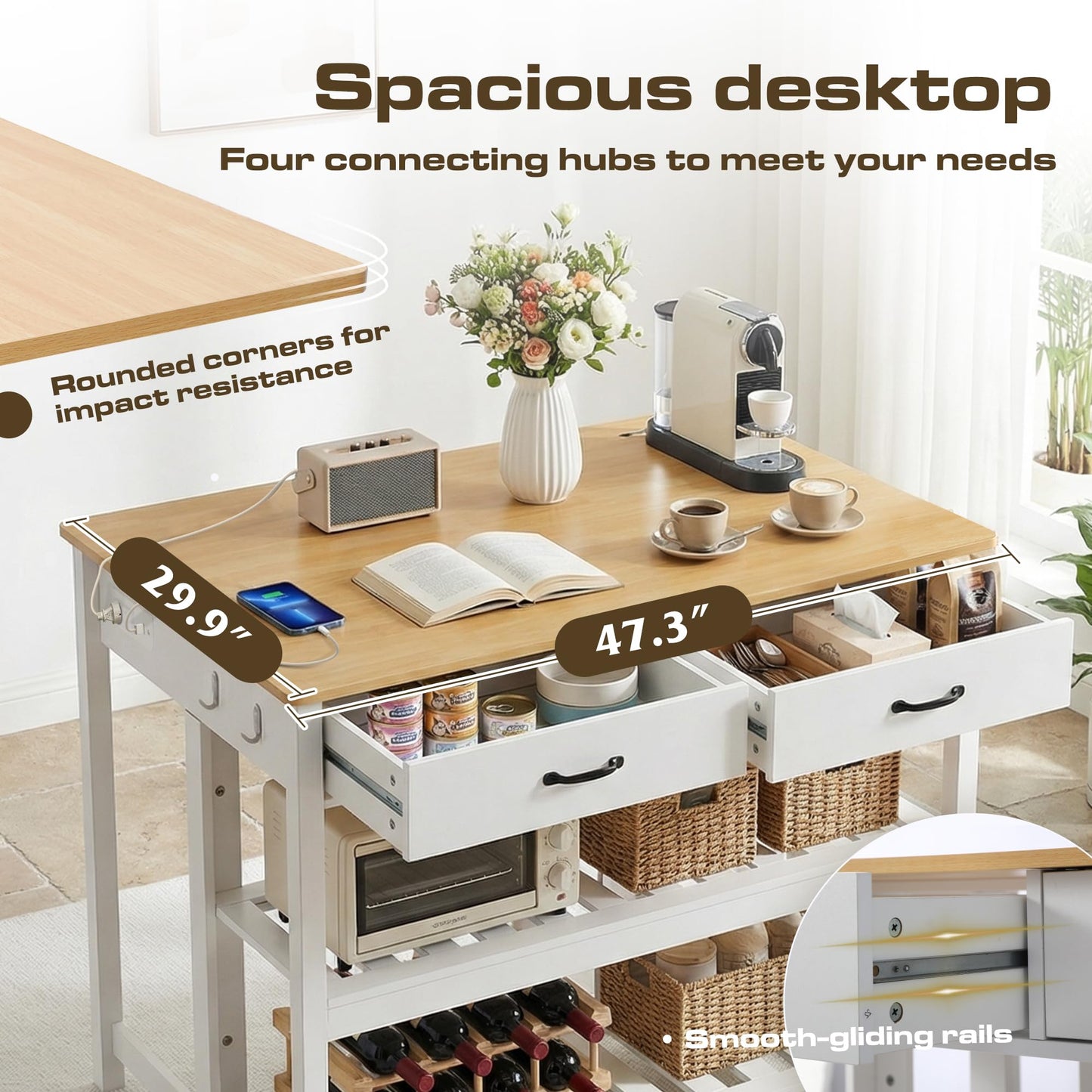 Grepatio 47 Inches Kitchen Island with Storage, Wooden Island Counter with Charging Station, Island Table with Shelves, 2 Drawers and 4 Hooks for Kitchen, Living Room, Dining Room, White and Natural