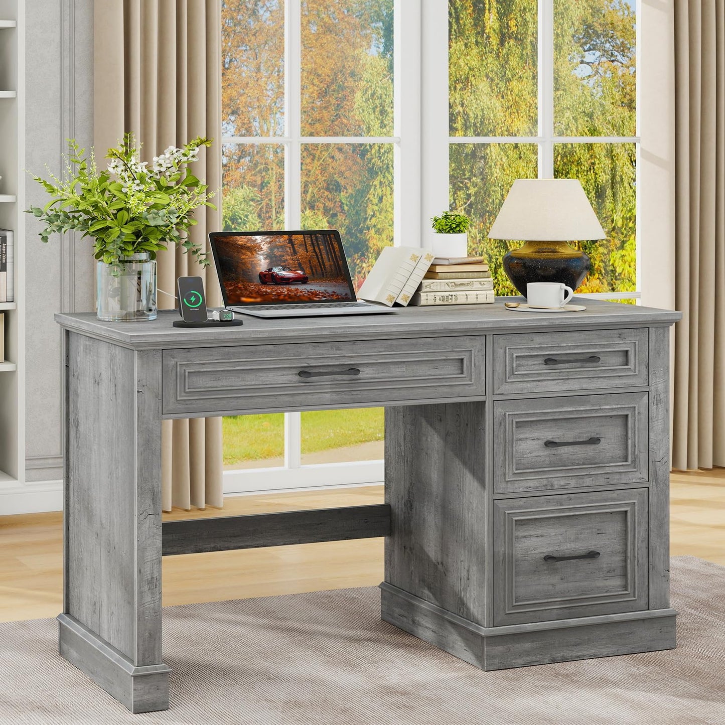 Vabches Farmhouse 47" Executive Desk with File Drawer, Computer Desk with 4 Drawers, Workstation for Study, Home Office, Writing,Grey