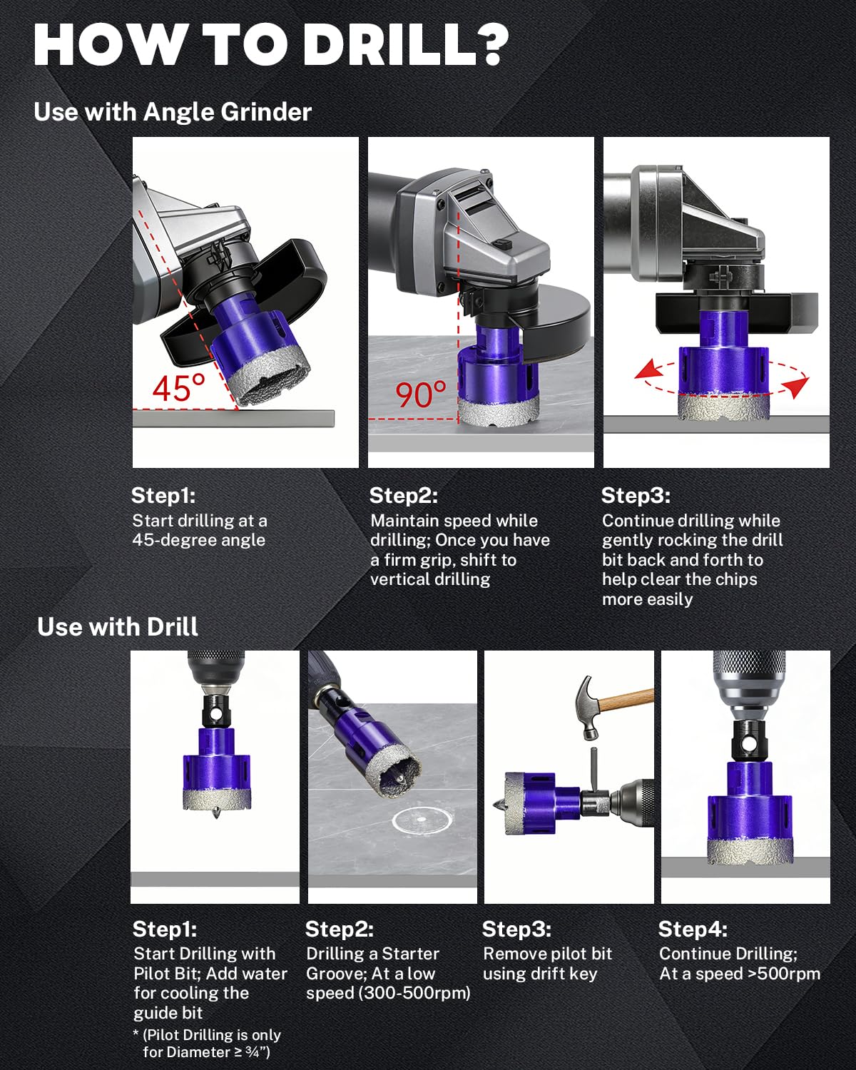 DaduoRi 18 PCS Diamond Hole Saw Kit with Pilot Bit Adapter, 1/4"- 4" Thickened Core Drill Bit Set, Includes Tile Shaping Cone & Wide Diamond Saw Blade, for Porcelain, Ceramic, Granite, Marble, Stone