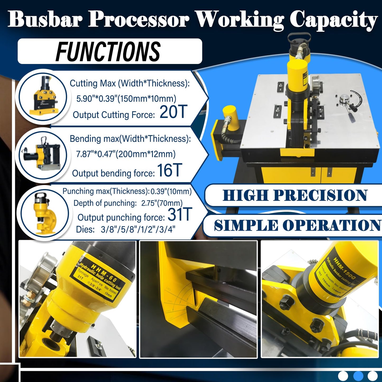INTBUYING 3 in 1 Electric Hydraulic Busbar Processor Cutter/Bender/Hole Puncher 700bar for Copper & Aluminum Busbars, Industrial Grade Busbar Fabrication Tool with 6 Punching Dies 110V
