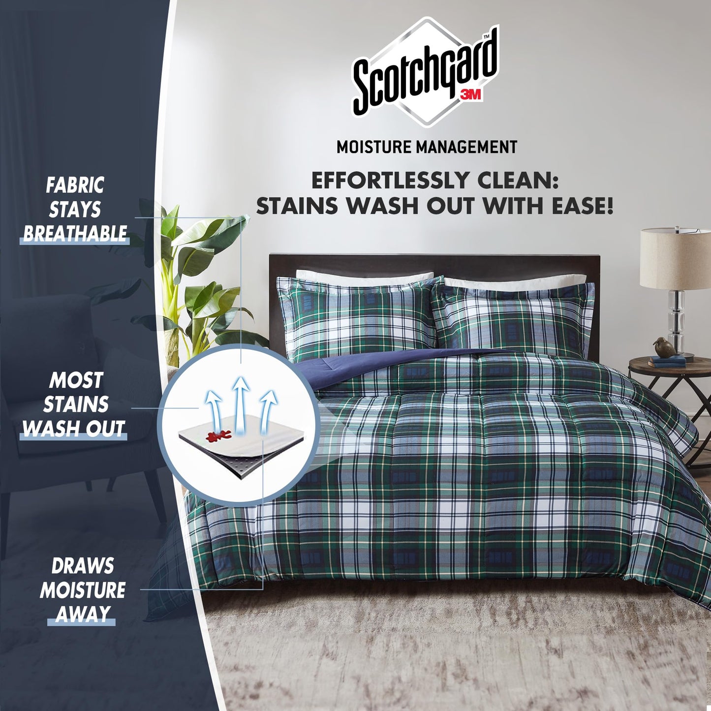 Madison Park Essentials Parkston Plaid Comforter Set Soft Brushed Microfiber College Bedding, 3M Scotchguard Stain Release Cover, Modern All Season Cabin Bedding, Full/Queen, Navy, 3 Piece