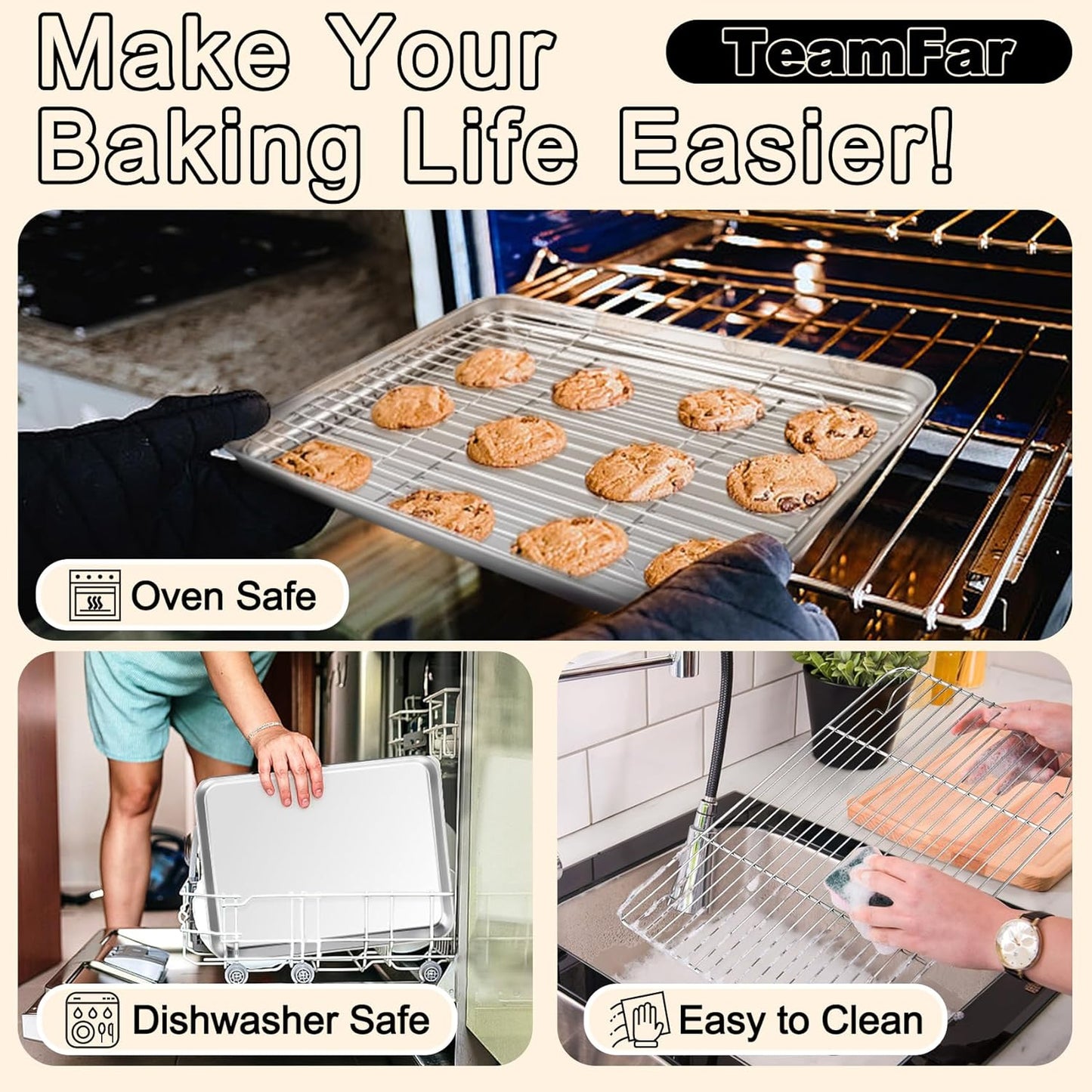 TeamFar Baking Sheet Set - 3 Stainless Steel Cookie Sheets with Racks | Non-Toxic, Heavy Duty, Dishwasher Safe, 19.6/16/12.5 Inch