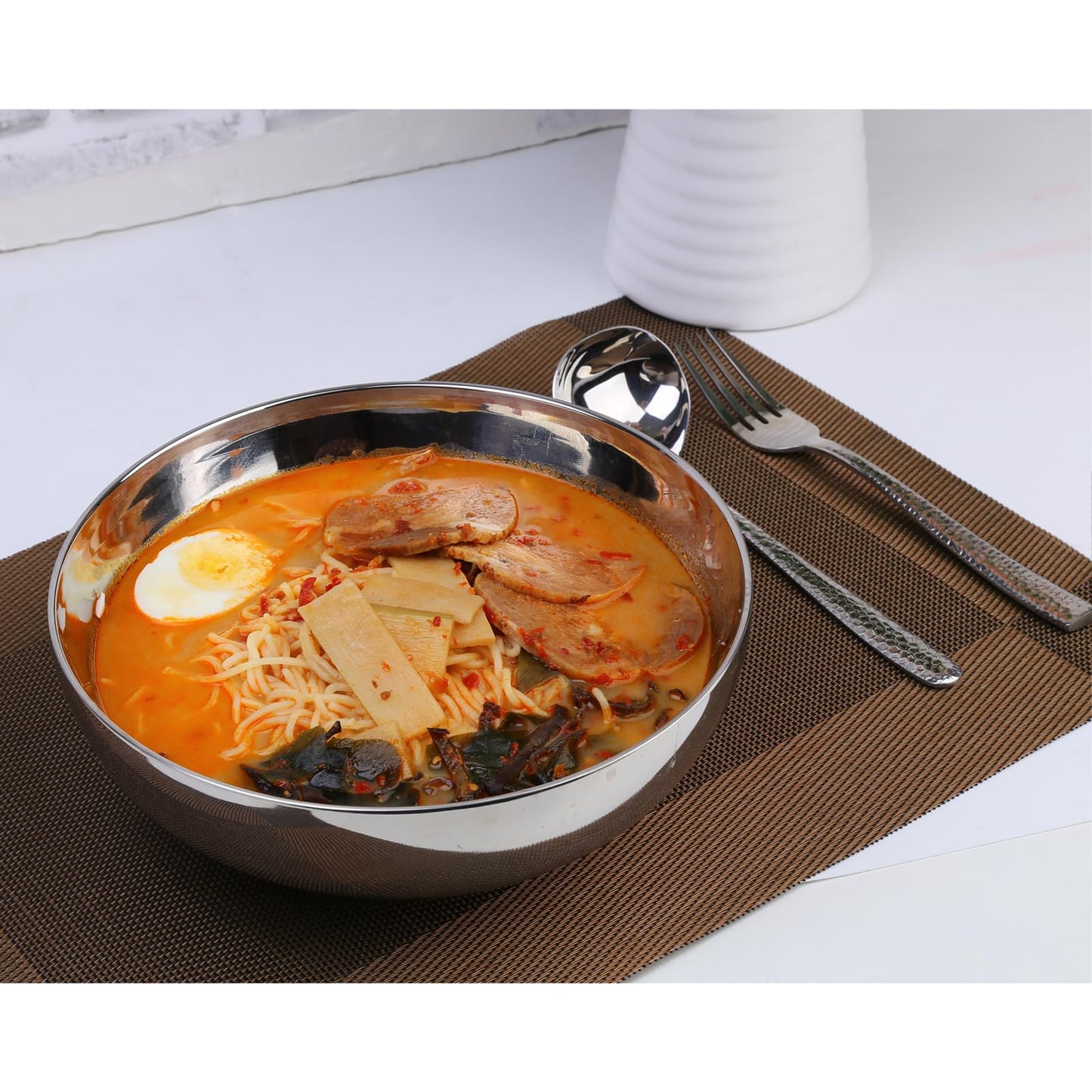 LANGMINGDE 304 Stainless Steel Pasta Bowls, 47oz Double Walled Insulated Soup & Salad Bowls Unbreakable, 8.7" Large Cereal/Ramen/Udon/Noodle/Pho Bowl Plates with Spoons & Forks, Dishwasher Safe