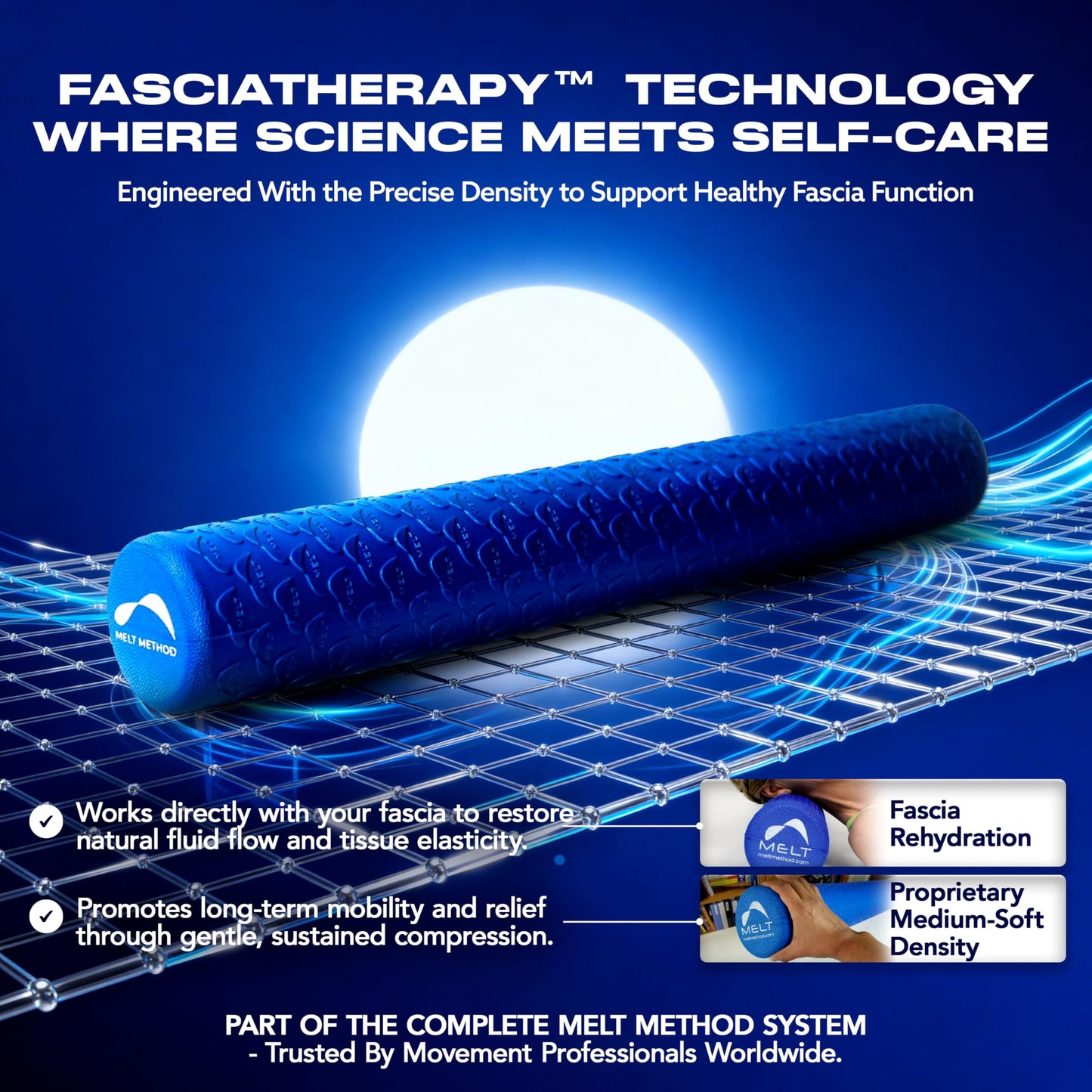 MELT Method 36 Inch Soft Foam Roller for Physical Therapy and Exercise Recovery - FasciaTherapy Technology - Low Density Exercise Foam Roller for Full Body Gentle Compression - Blue