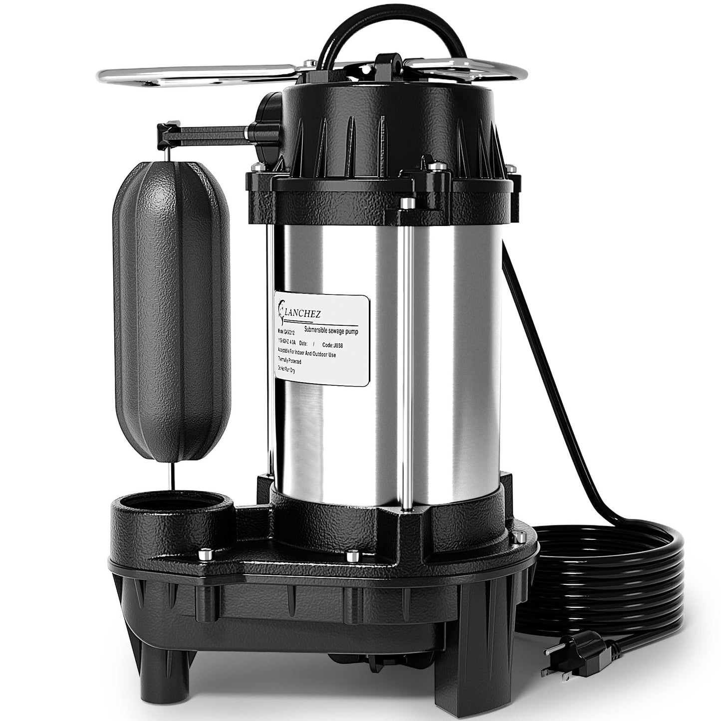 LANCHEZ 1/2 HP 5200 GPH Submersible Sump Pump Cast Iron and Stainless Steel with Integrated Vertical Float Switch, Sewage/Effluent Pump for Basement, Basin, Sewage System, 1-1/2" NPT Discharge