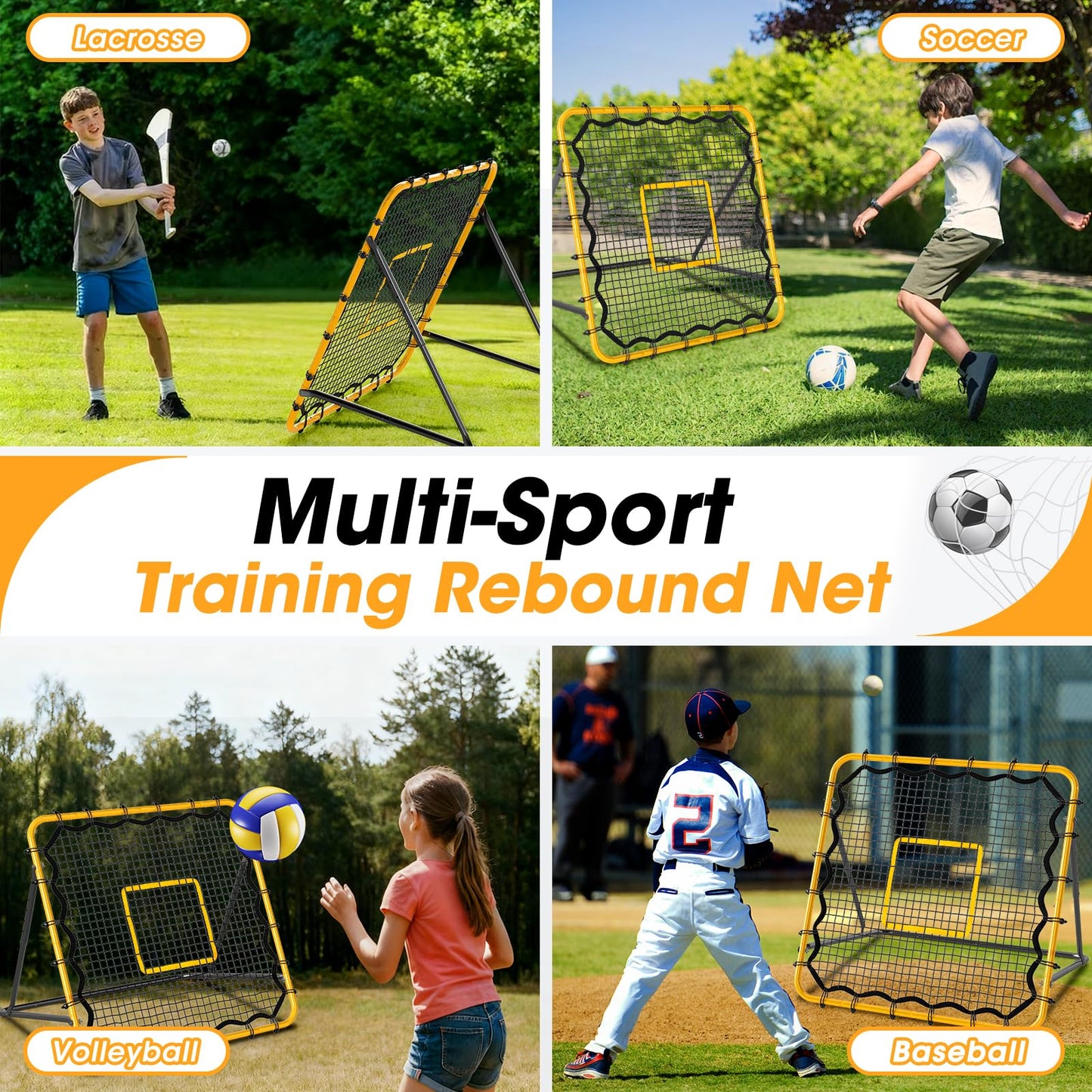 JIRTEMOT 3.7 x 3.7 FT Rebound Net, with Pitching Target for Soccer, Baseball and Volleyball, Adjustable Pitching Rebound Net, Yellow