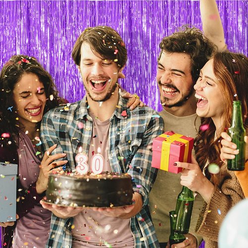 Foil Curtain Backdrop - 20 Pack Purple Metallic Tinsel Fringe Curtains for Parties & Events