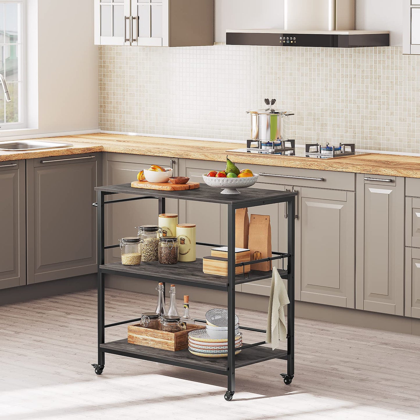 HOOBRO Kitchen Island and Kitchen Island with Storage Bundle, Industrial Kitchen Island on Wheels and Side Enclosures, 3 Tier Kitchen Cart with Large Workstation BC03ZD01-BG08UZD01