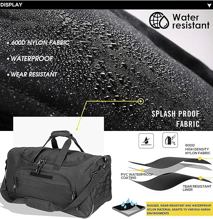 Gym Bag for Women & Men Tactical Duffle Military Weekender Work Out Lightweight Waterproof Sports Tote Shoe Pocket Black