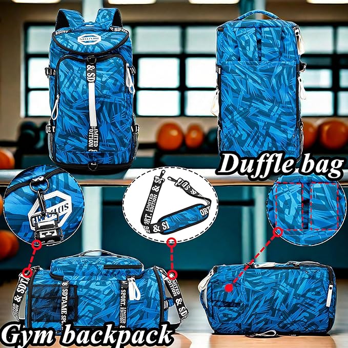 Gym Duffle Bag Backpack with Shoe Compartment,4 ways Travel Backpack for Women and Men,Multi-Functional Weekender bag with Waterproof Layer&Laptop Compartment for Fitness, Travel,Camping