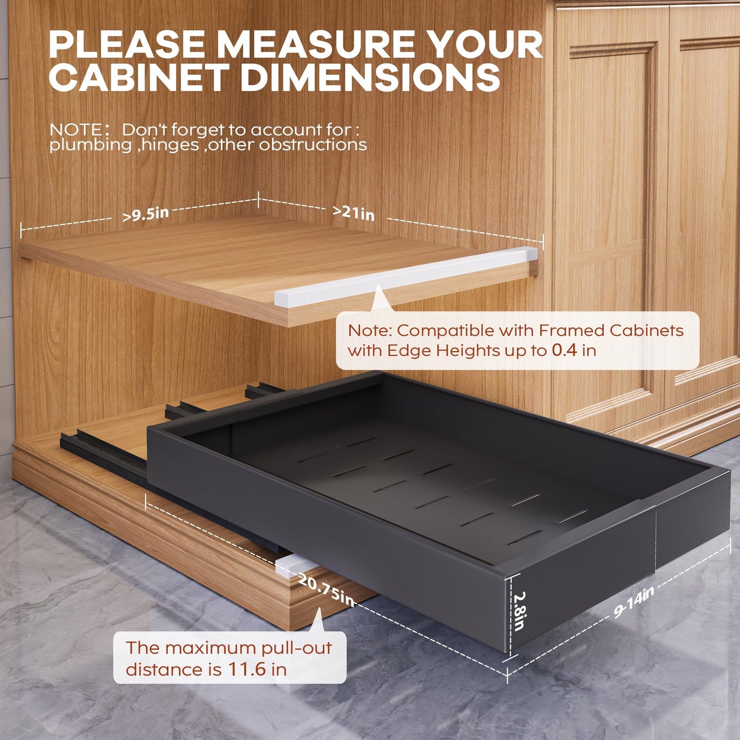 Seinloes 4 Pack Expandable Width (9"-14.1") Pull Out Cabinet Organizer 21" Deep with Raising Pad for Framed Cabinets, Upgrade 3 Slide Rails Slide Out Drawers, Roll Out Shelves Adhesive, Black