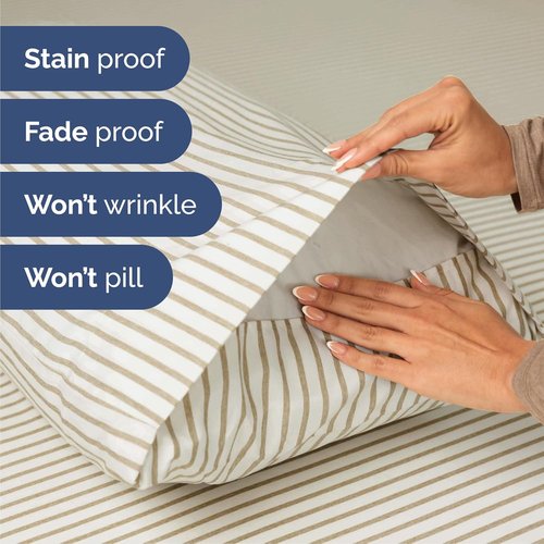 Cal King Size Sheet Set by Hotel Luxury | Comfy, Breathable & Cooling - Deep Pockets, Wrinkle-Free - Beige Stripes