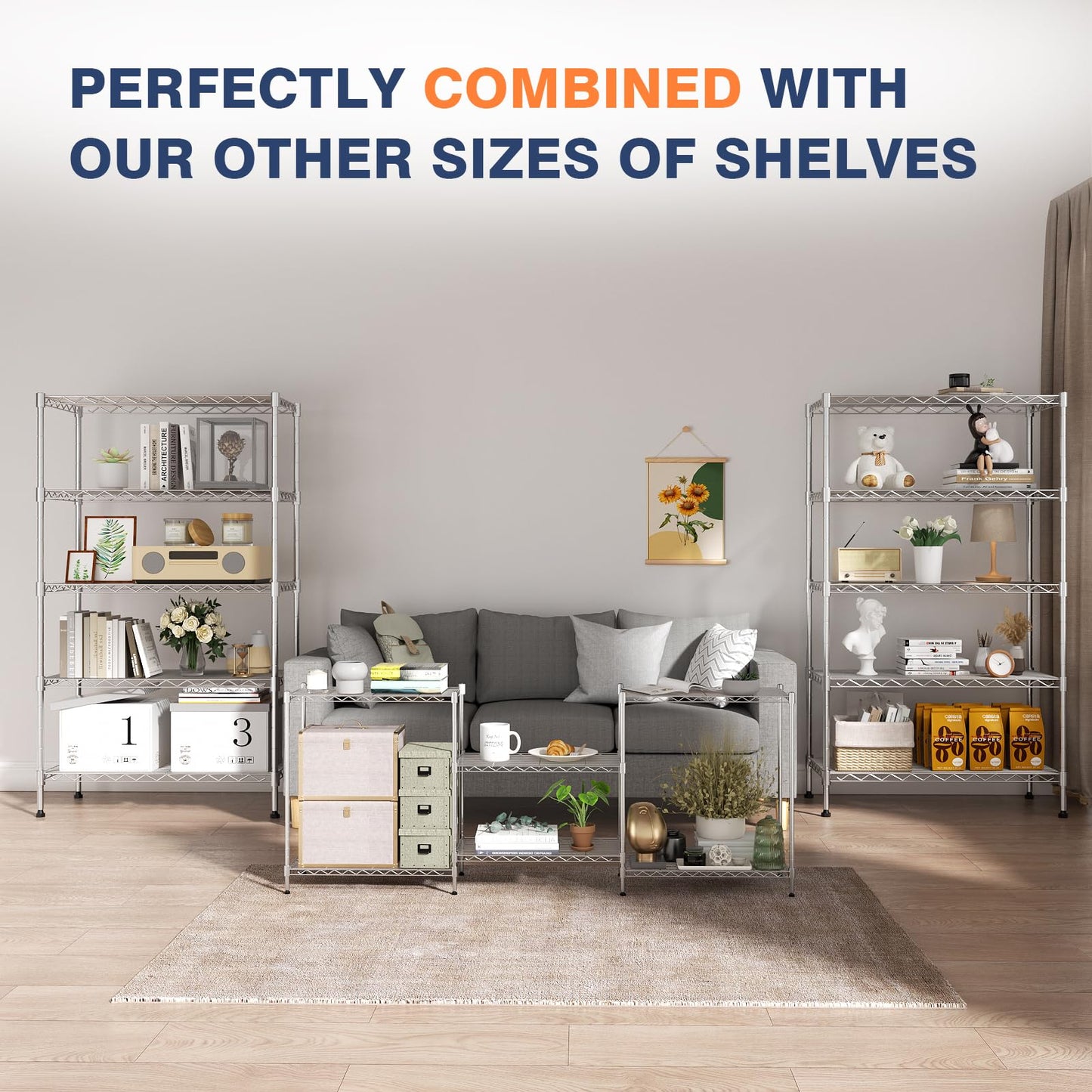 VANZBON 5-Tier Heavy Duty Metal Shelf,Chrome Wire Shelving Unit 35" Wx18 Dx71 H,Height Adjustable Storage Wire Shelves with Lockable Wheels for Garage,Kitchen,Office,Bathroom,Studio