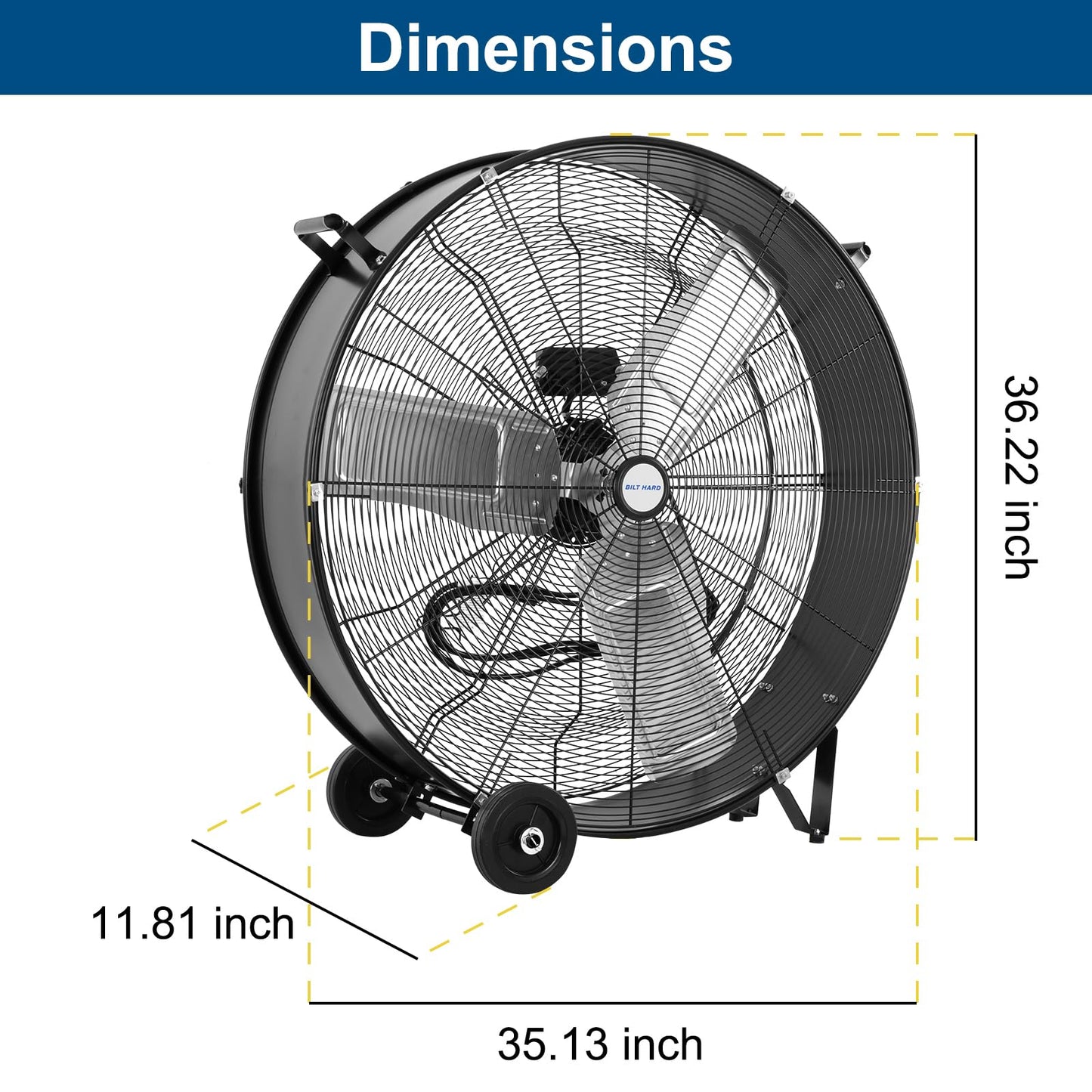 BILT HARD 34" 15000 CFM High Velocity Drum Fan, 2-Speed Heavy Duty Industrial Shop Fan with Casters & Handle for Warehouse, Factory Workshop and Garage Use