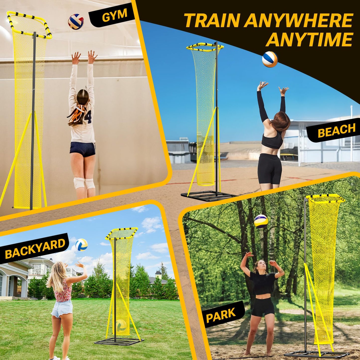 Dimples Excel 10.5 FT Adjustable Volleyball Setter Training Net with 3 Height Levels and 5 Ball Return Angles (70°–180°), Includes Volleyball, Pump, Carry Bag & Sandbags for Indoor/Outdoor Practice