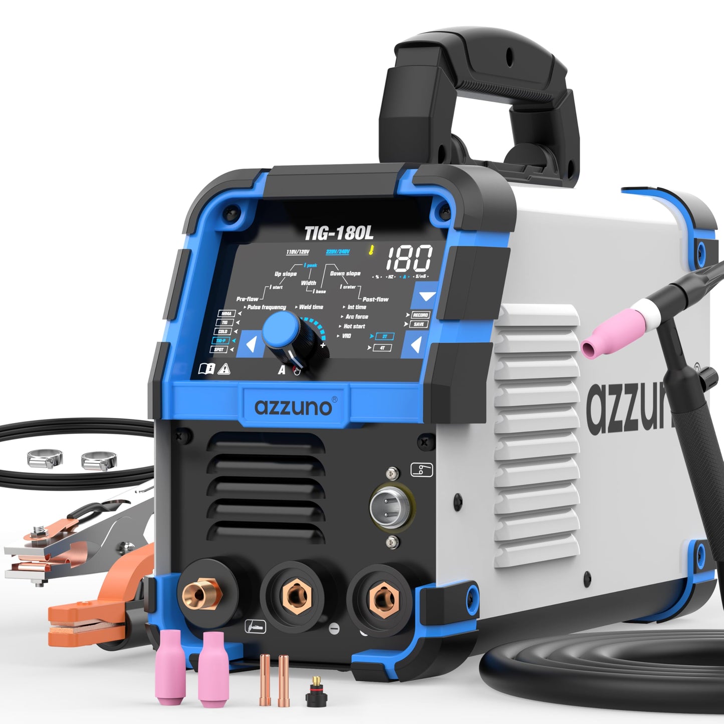 AZZUNO Cold TIG Welder With Pulse 180Amp Large LED Display, 5-in-1 DC HF TIG/PULSE TIG/COLD/SPOT TIG/STICK, 110V&220V Dual Voltage TIG Welding Machine