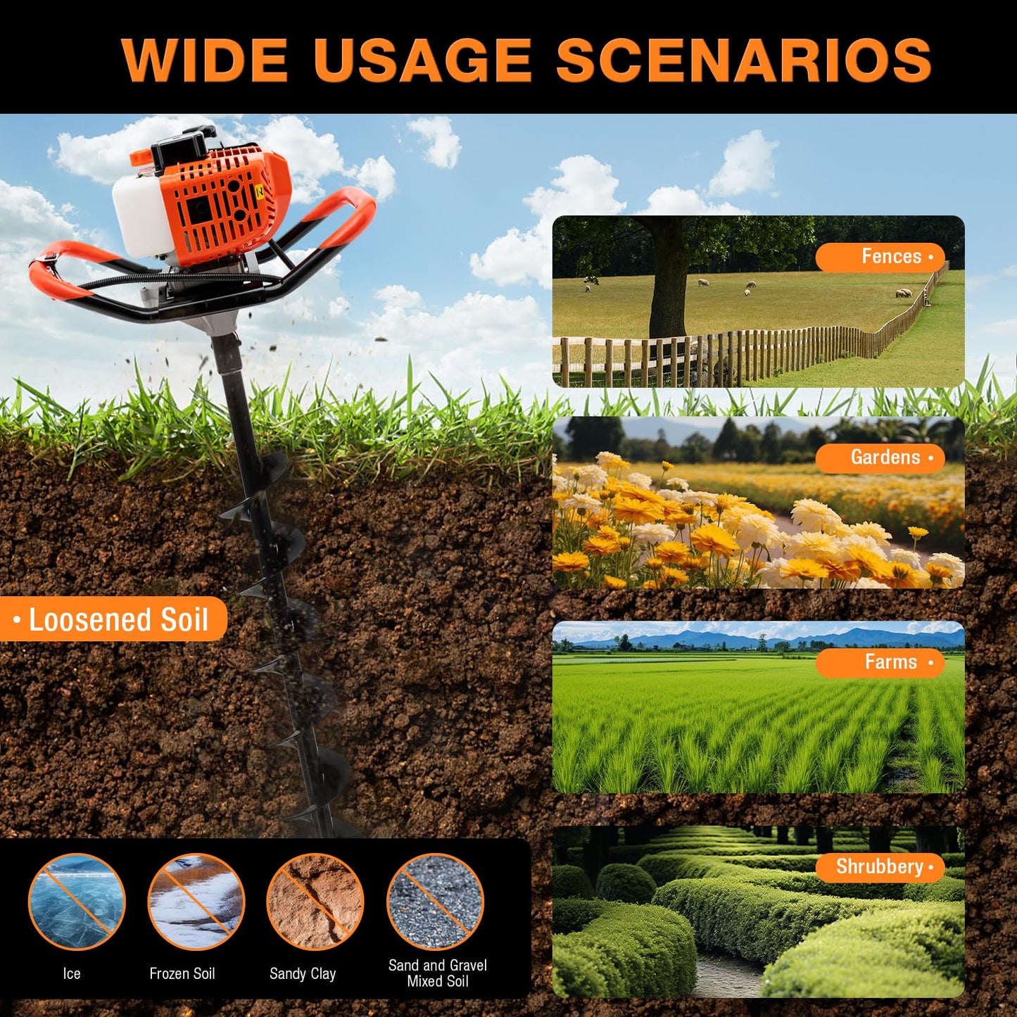 Auger Post Hole Digger, 52CC 2-Stroke 1700W Gas Powered Earth Post Hole Digger Fence Earth Auger Single Cylinder Air-Cooled Post Hole Digger with 3 Auger Drill Bits 4" 6" 8" for Farm Garden Plant