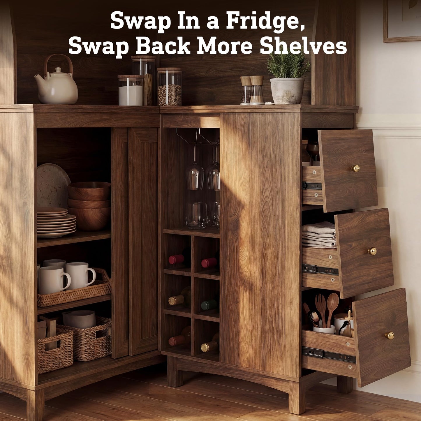 STO’Sense 71" Tall Corner Cabinet w/Charging Station,L-Shaped Kitchen Pantry Storage Cabinet w/3 Drawers,Countertop,Wine Rack,Shelves,Glass Holder&Sliding Door, Large Microwave Stand Hutch, Walnut