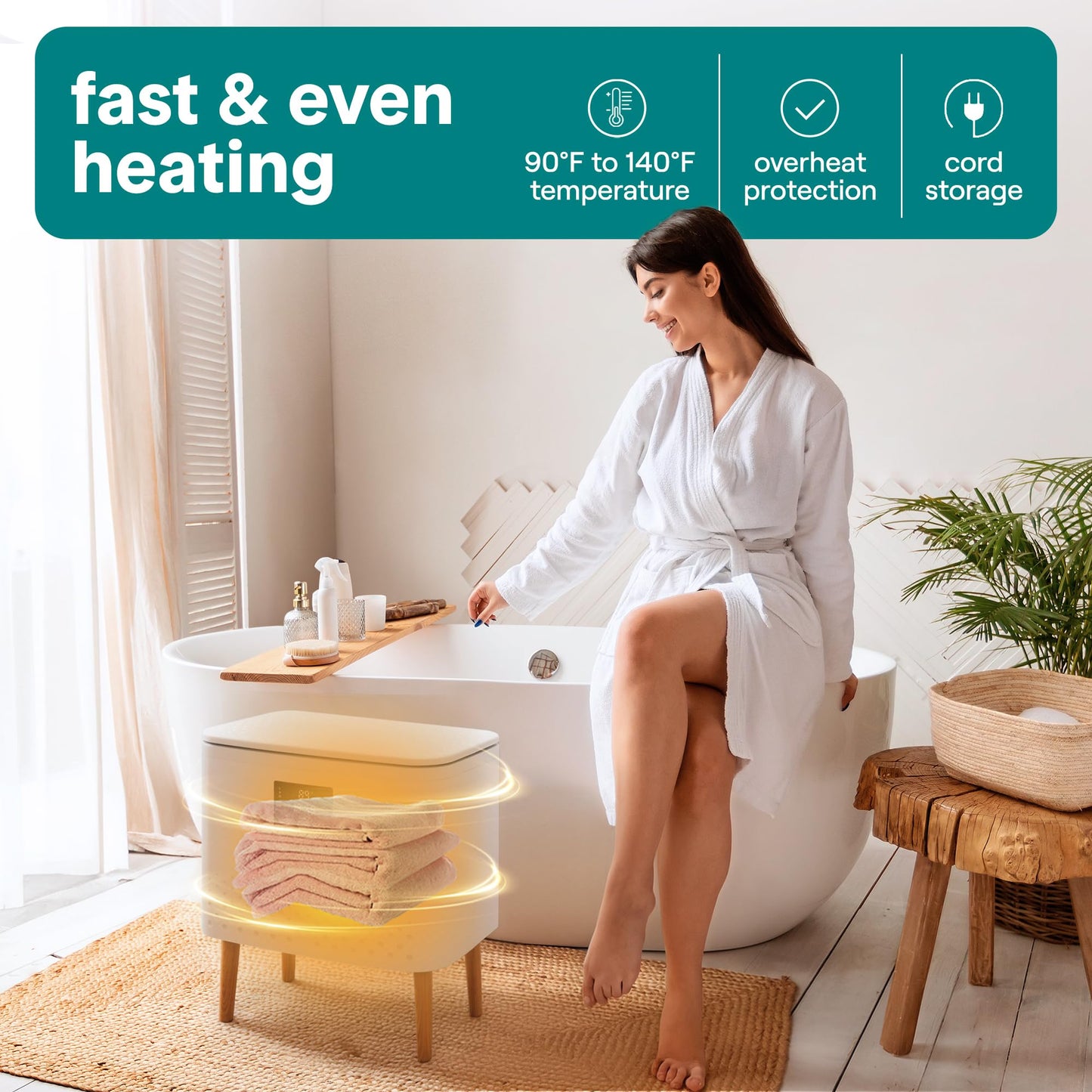 SereneLife WiFi-enabled Towel Warmer Bucket, 20L Large Capacity heater bucket for Towels Blanket and robes, Single-Touch Control, rectangular & Energy-Efficient Design, Auto Shut-Off, White