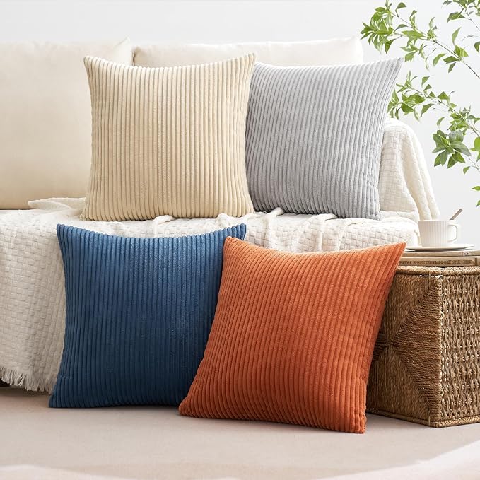 MIULEE Boho Farmhouse Throw Pillow Covers 20x20 Inch Set of 4 Summer Mordern Neutral Cushion Covers Soft Corduroy Nordic Home Decor for Couch Bed Sofa Living Room Blue-Yellow