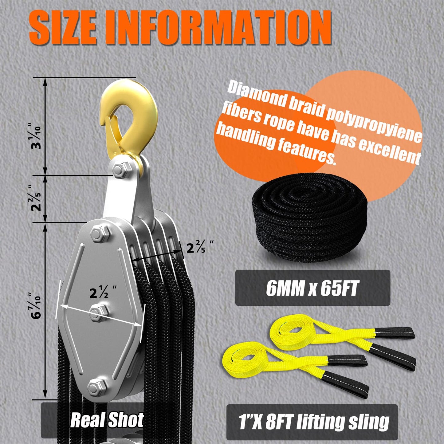 YATOINTO Rope Hoist Pulley System, 4400LB Pulley Block and Tackle, 8:1 Ratio Lifting Power 65ft, Heavy Duty Pulley Block for Lifting Pulling (with 2PCs Straps)