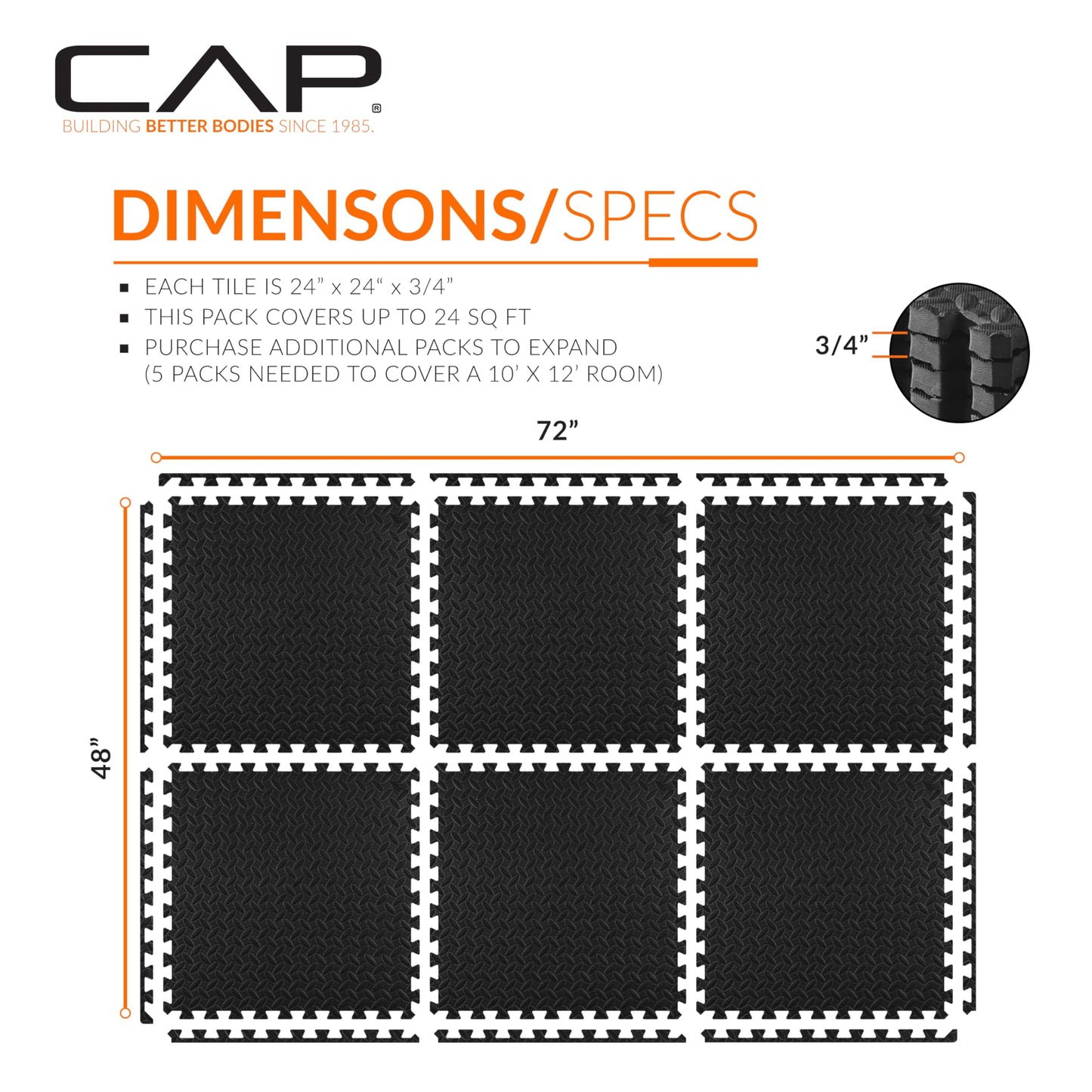 CAP Barbell 3/4-Inch Interlocking EVA Foam Exercise Puzzle Mat Home Gym Flooring - 1 Pack | 24" x 24" x 3/4" | Diamond Pattern - Black