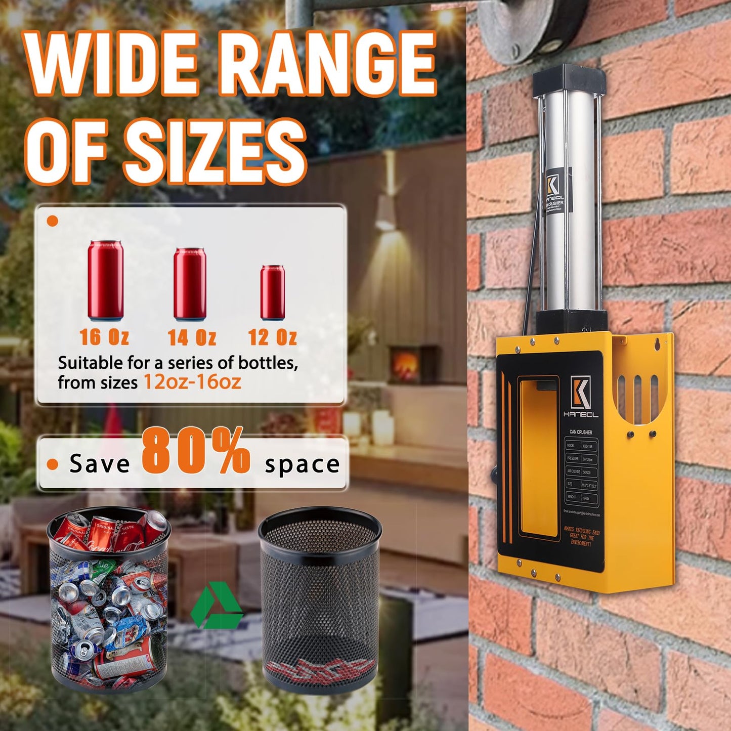 KANBOL Yellow Air-Powered Can Crusher – Fully Enclosed Design for Safe 12oz/16oz Aluminum Can Crushing – Wall Mount Recycling Tool