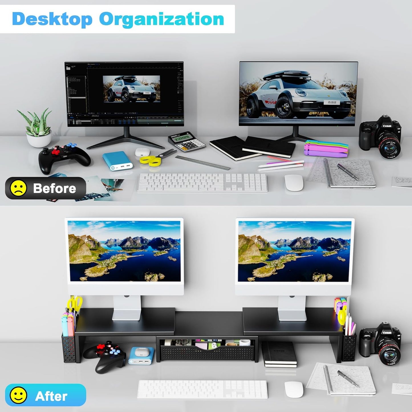 2 Spacrea Metal Desk Organizers and Accessories, Dual Monitor Stand Riser with Drawer and Pen Holders, Book Racks, Desk