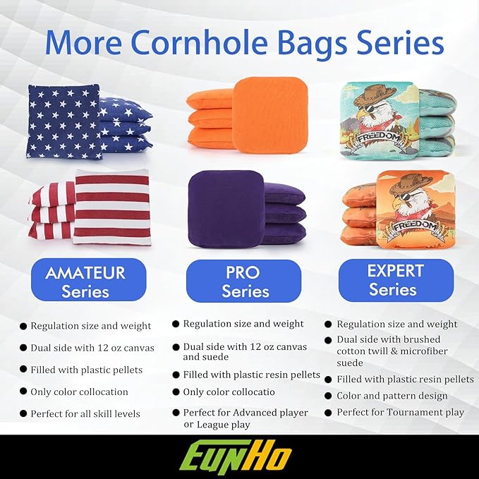 EunHo Dual Sided Cornhole Bags Regulation Set of 8 Professional Cornhole Bean Bags Slick and Stick for Tossing Game-All Weather
