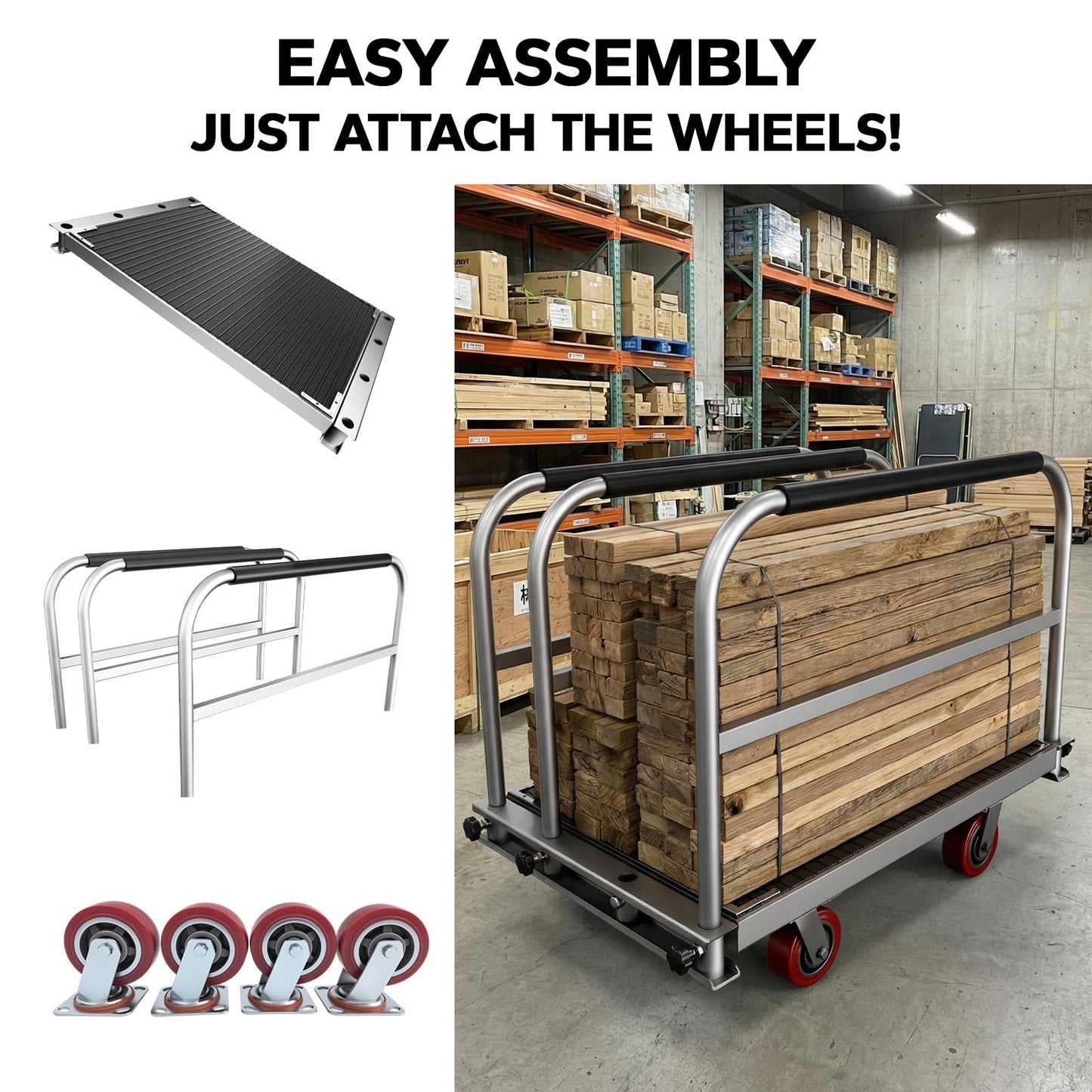2IN1 Heavy Duty Panel Truck, 36" x 24" Platform Cart w/Rubber Mat & 3 Handrails, 2600 lbs Capacity Drywall & Lumber Cart, Flatbed Cart w/2 Swivel Casters, All-Steel Hand Truck Push Cart