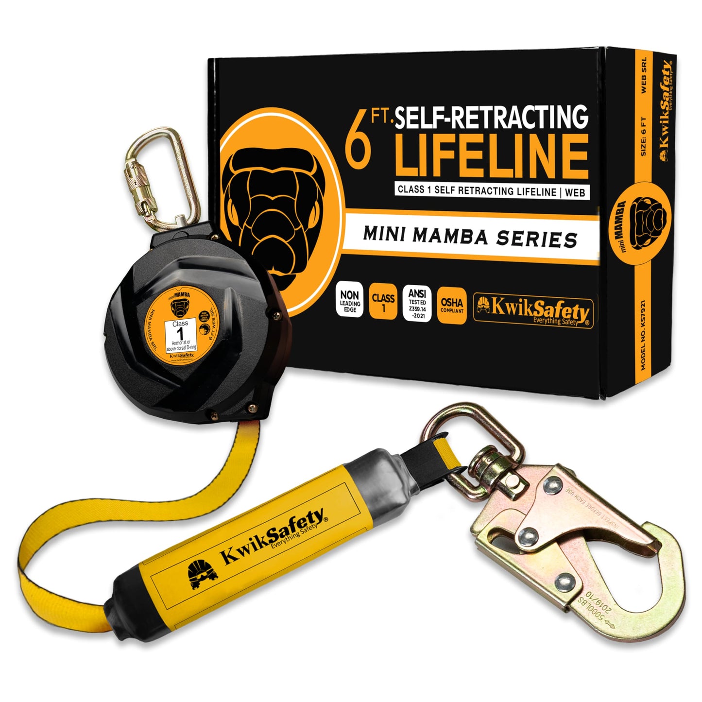 KwikSafety - 6' mini Mamba Self Retracting Lifeline [NO Tangle Web] Class 1 Retractable Safety Lanyard SRL ANSI OSHA