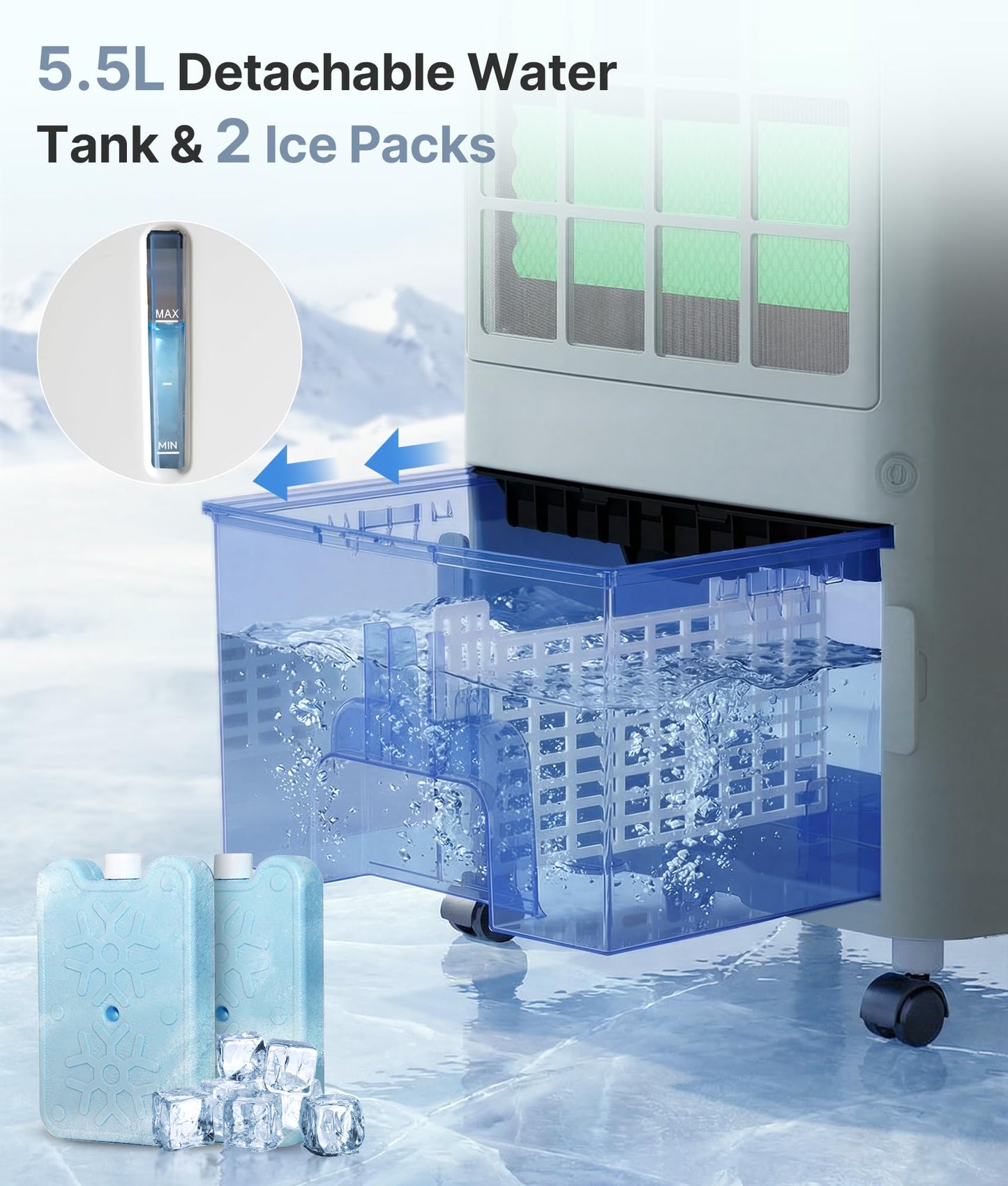 EXNOS 3-in-1 Evaporative Air Cooler - Portable Swamp Cooler Air Conditioner with 5.5L Water Tank & 2 Ice Packs, 3 Speeds, 3 Modes, Cooling Fans that Blow Cold Air for Home & Office