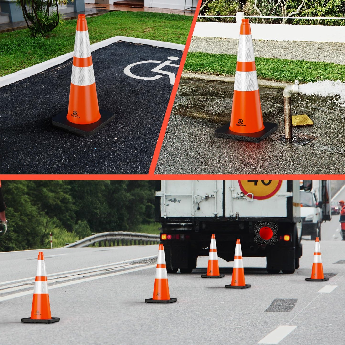 RoadHero 8 Pack Traffic Safety Cones 28 Inch with Black Weighted Base, Orange Cones with Reflective Collars for Parking Lot, Road Safety, Construction Events