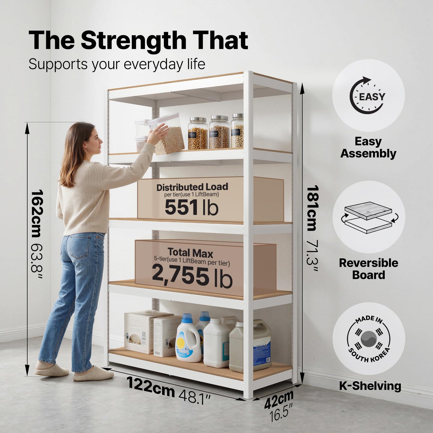 HOMEDANT House 48.1" W 5 Tier Heavy Duty Garage Shelving Adjustable Metal Rack Storage Shelves Standing Shelf Unit Organizers Industrial Warehouse Basement White 1Pack
