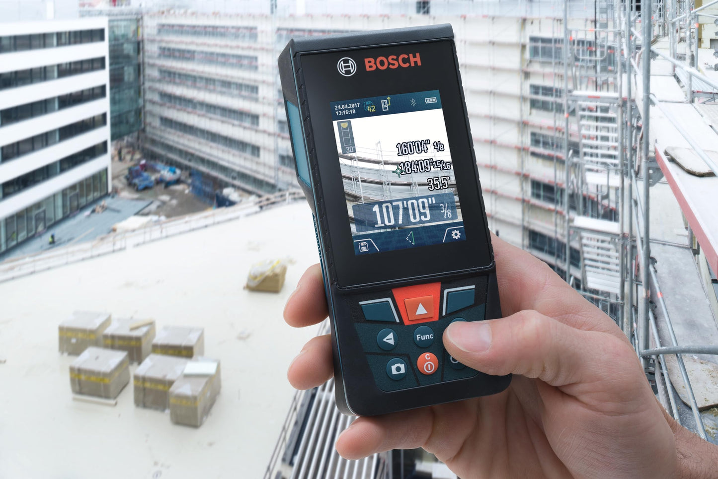 BOSCH GLM400CL 400 Ft Blaze Outdoor Connected Laser Measure, Includes 1.0 Ah 3.7V Lithium-Ion Battery & Charger, Micro USB Cable, Hand Strap, & Pouch